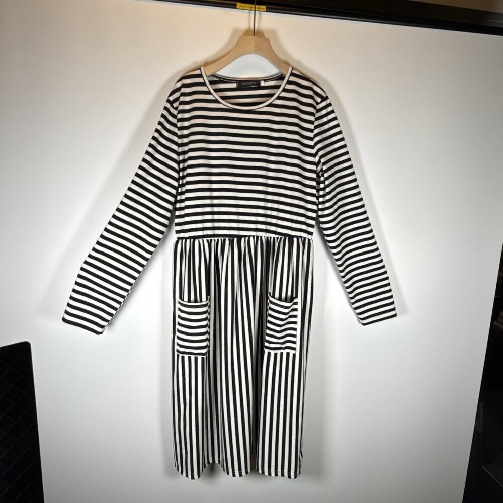 Merokeety Womens XL White & Black Cotton Round Neck LS Knee Length Striped Dress